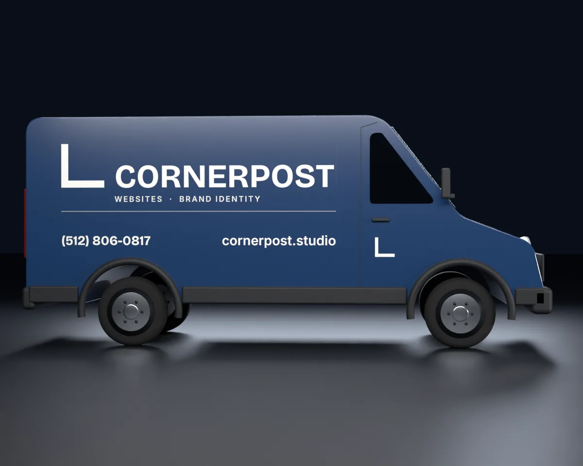 A Cornerpost work van in the brand color: the corner bracket and wordmark on the side, the phone number and website underneath, a small mark on the cab door.