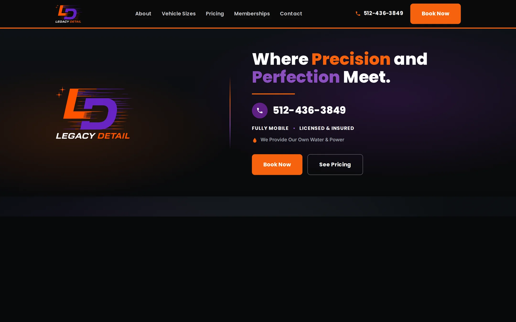 Legacy Detail homepage: the orange and purple logo, a phone number you can tap, Book Now and See Pricing, and a wall of real job photos that scrolls past.